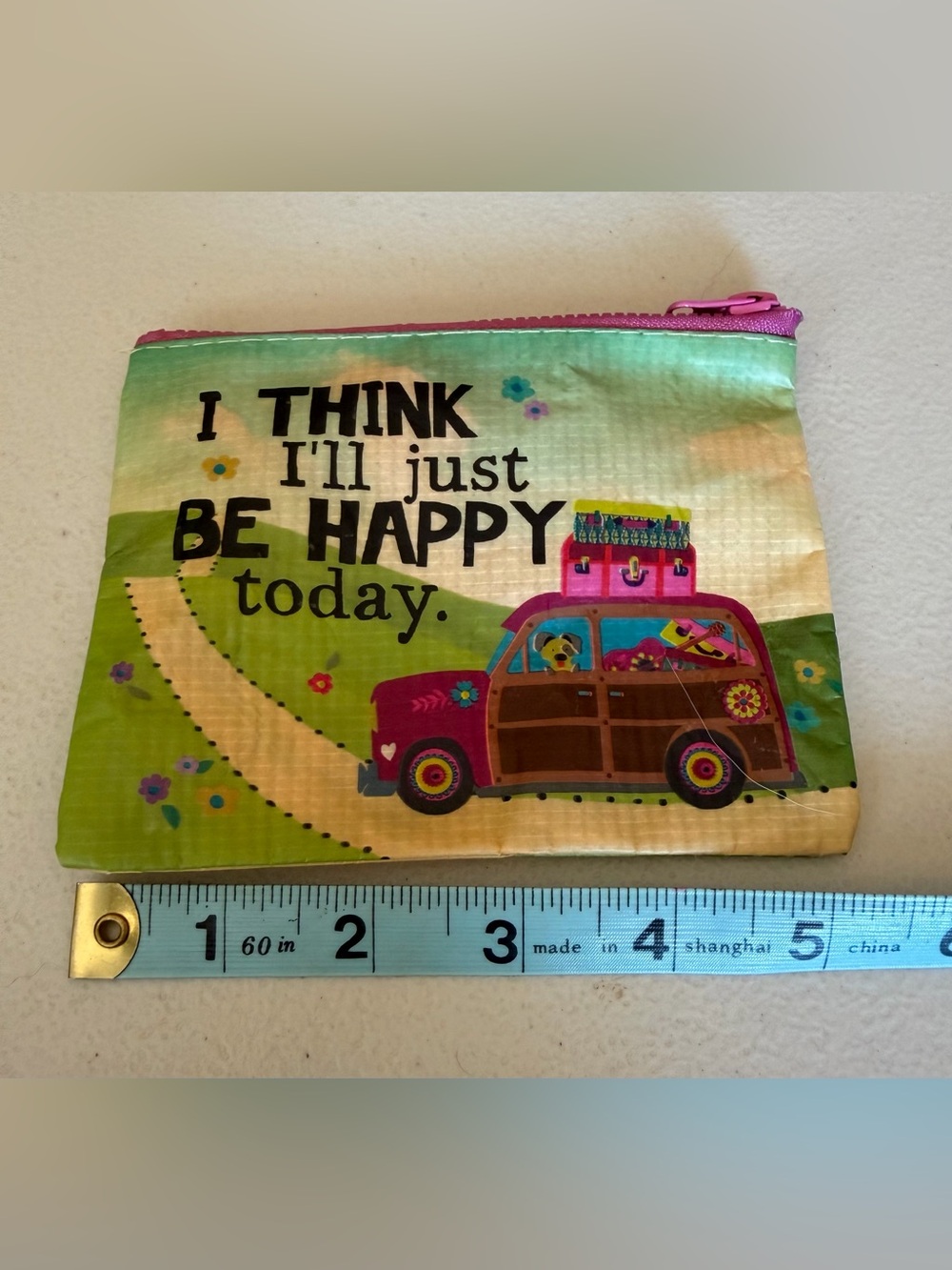 Pink and Green Zip Pouch - 'Be Happy' Graphic